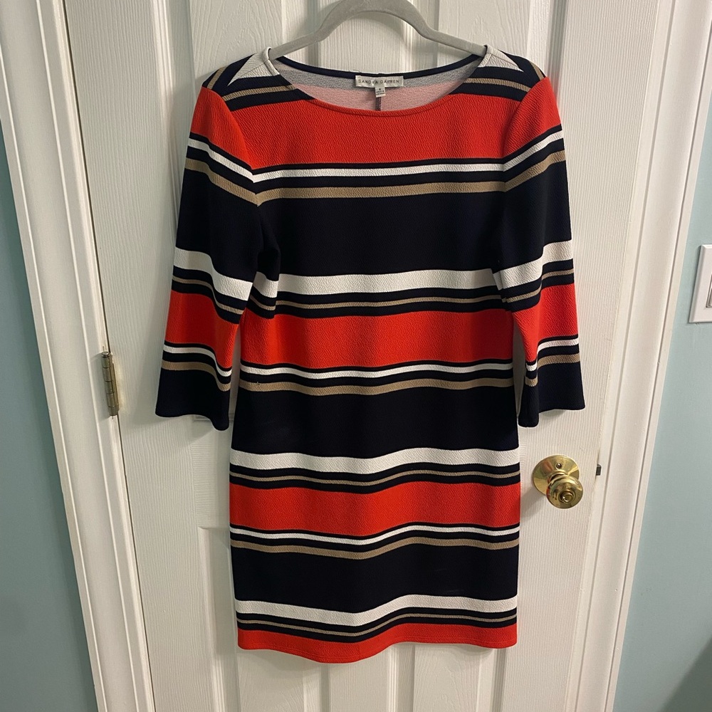 Sandra Darren Red and Black Striped Long Sleeve Dress